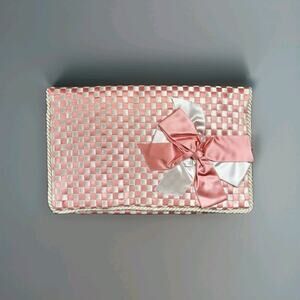 Vintage Handmade Pink & Ivory Satin Cross Weave Bow Pouch / Bag ( 7” T x 12” W )